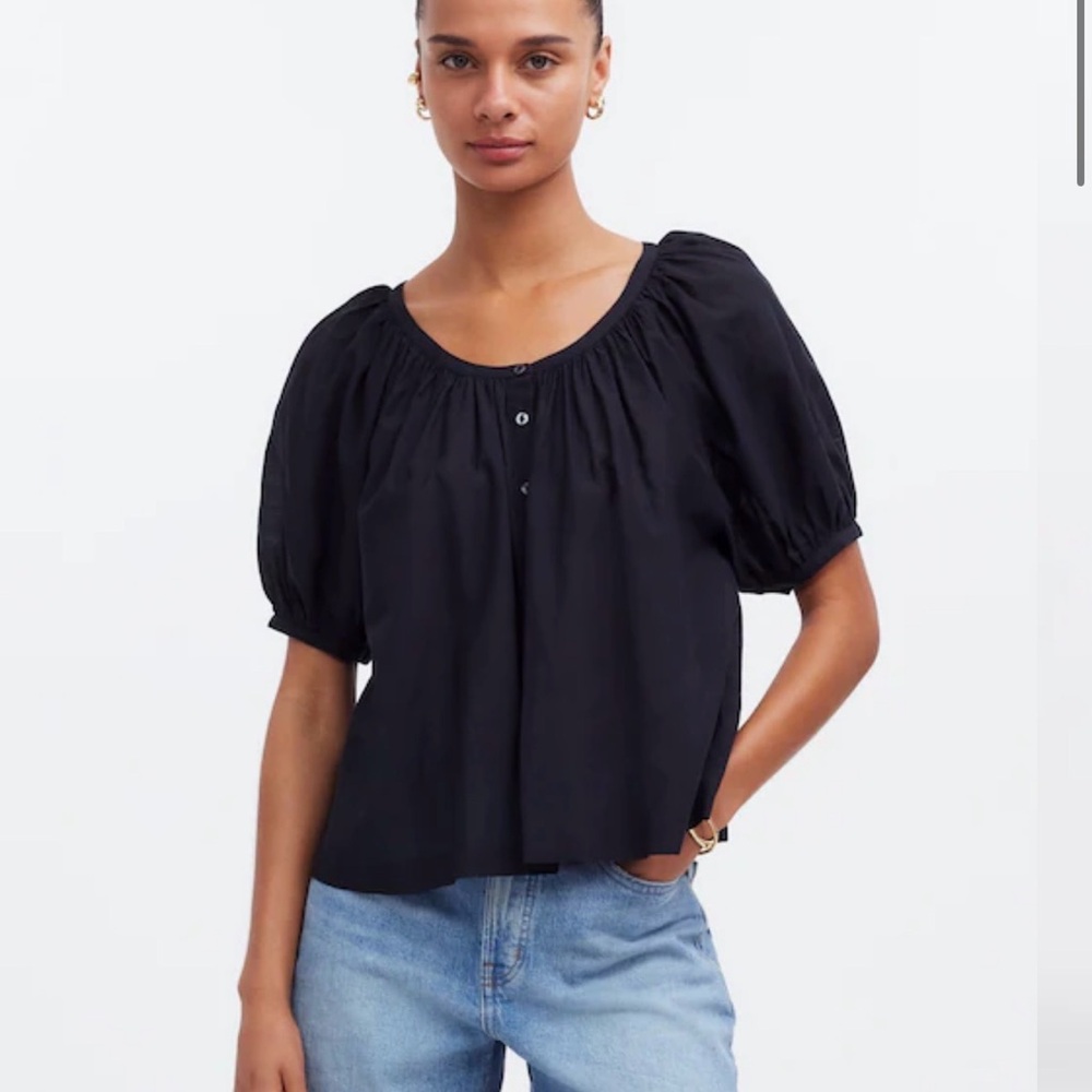 Madewell Black Puff Sleeve A-Line Top - Picture 2 of 8